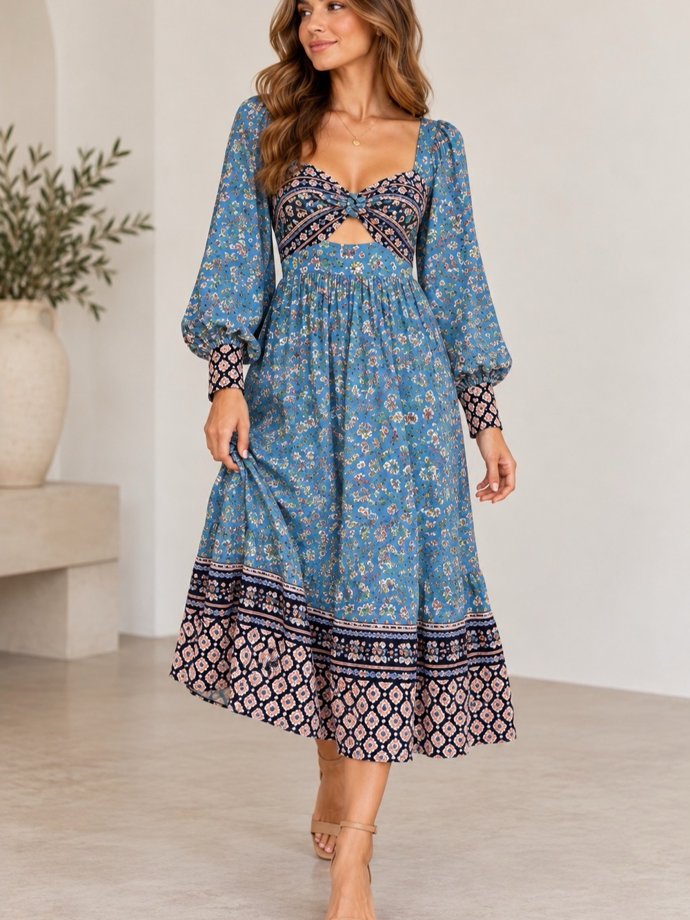 Angie Womens L Blue Floral Paisley Boho Midi Dress Long Sleeve 100% Rayon NWT